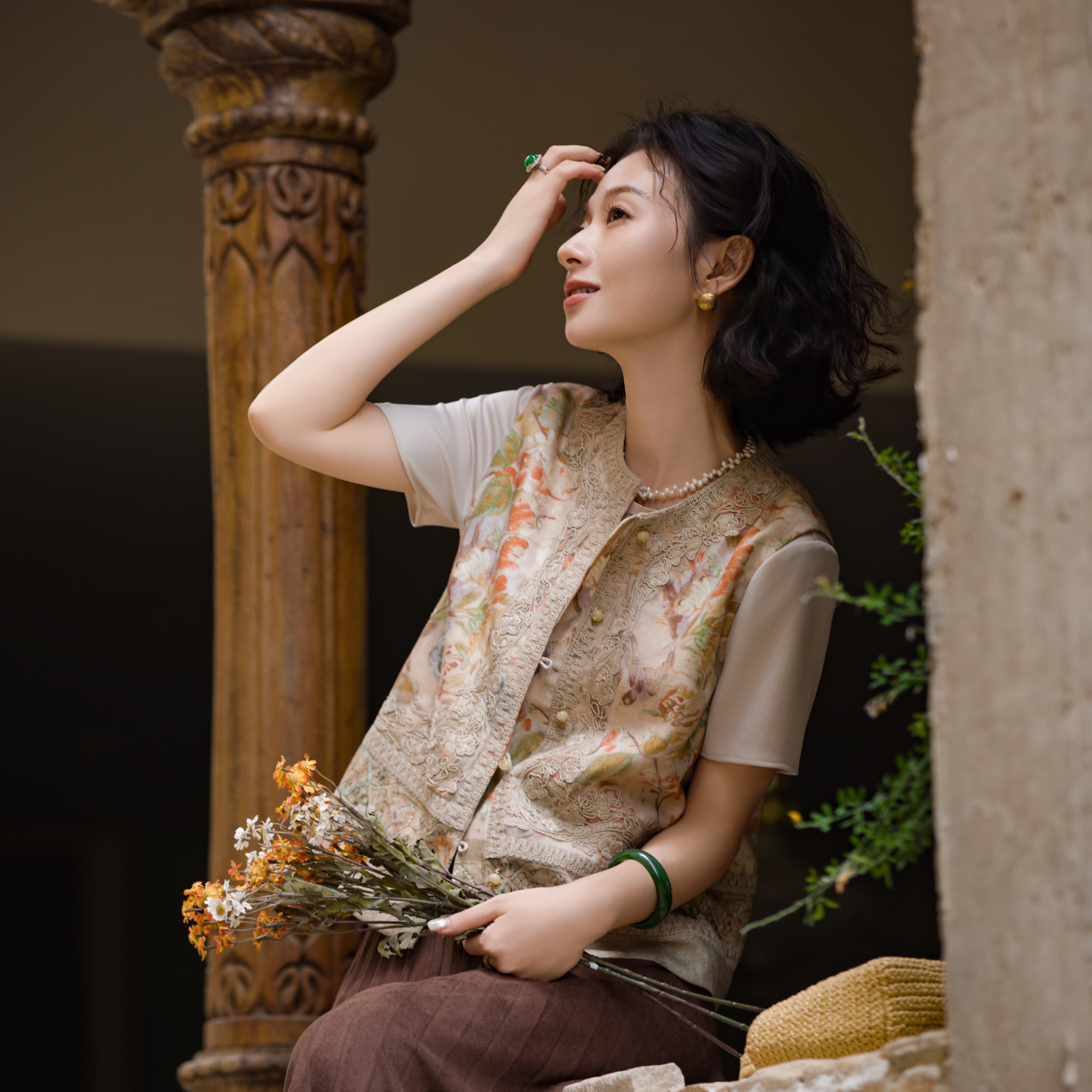 西子/【林间宴】莱赛尔亚麻新中式老钱风花鸟百搭马甲女/MJHY0351