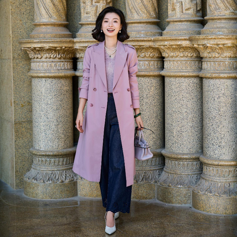 法式气质翻领系带长款风衣外套女