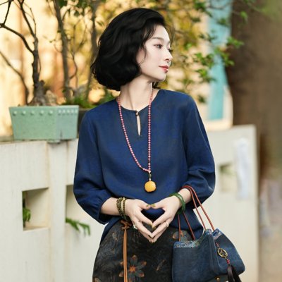 非遗香云纱碧纹染双面穿湛蓝上衣