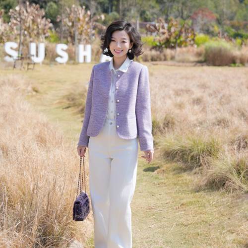 羊毛花纱小香风圆领正肩外套女装