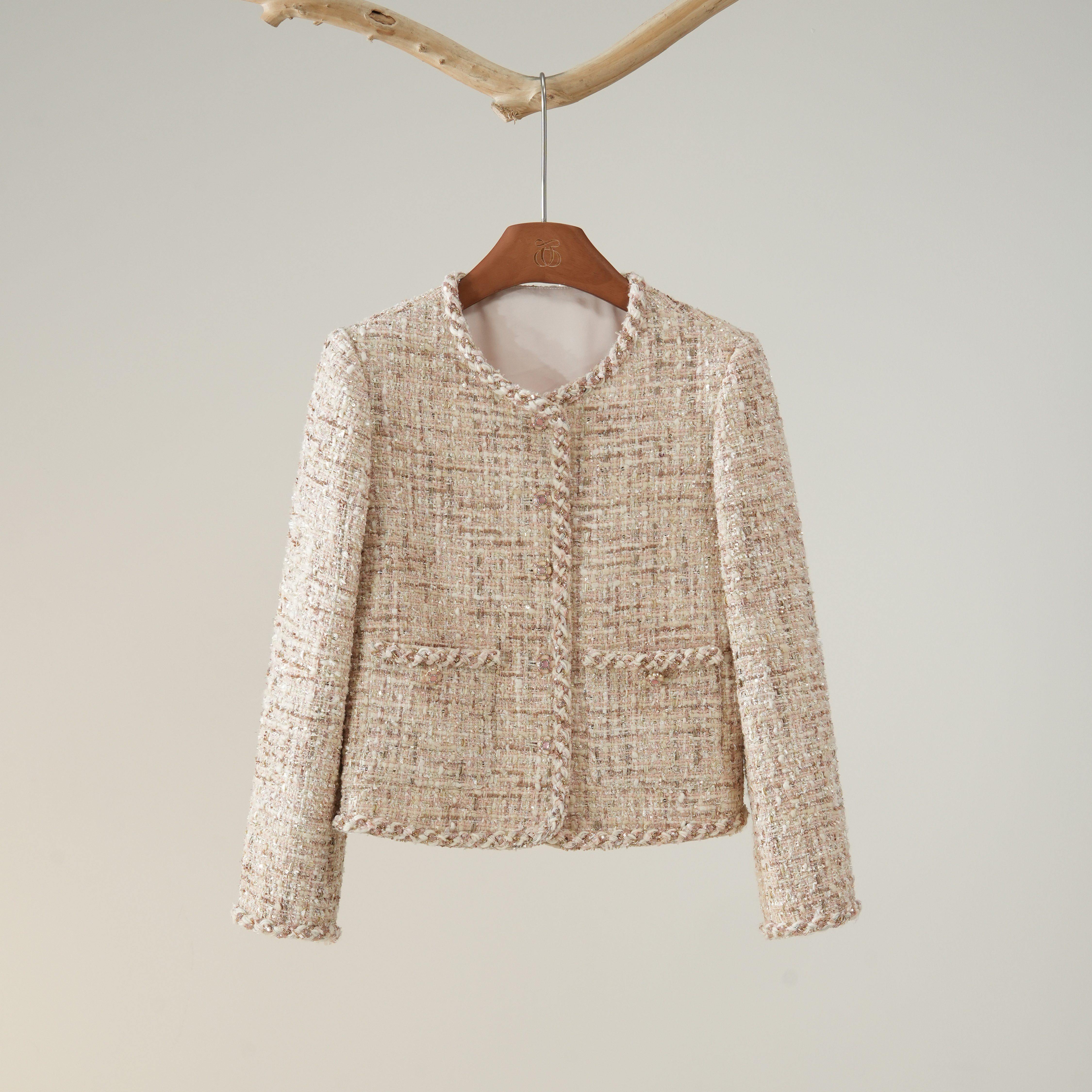 西子/【金穗流年】羊毛金葱粗花呢香槟粉小香风外套女装/WTXS0513