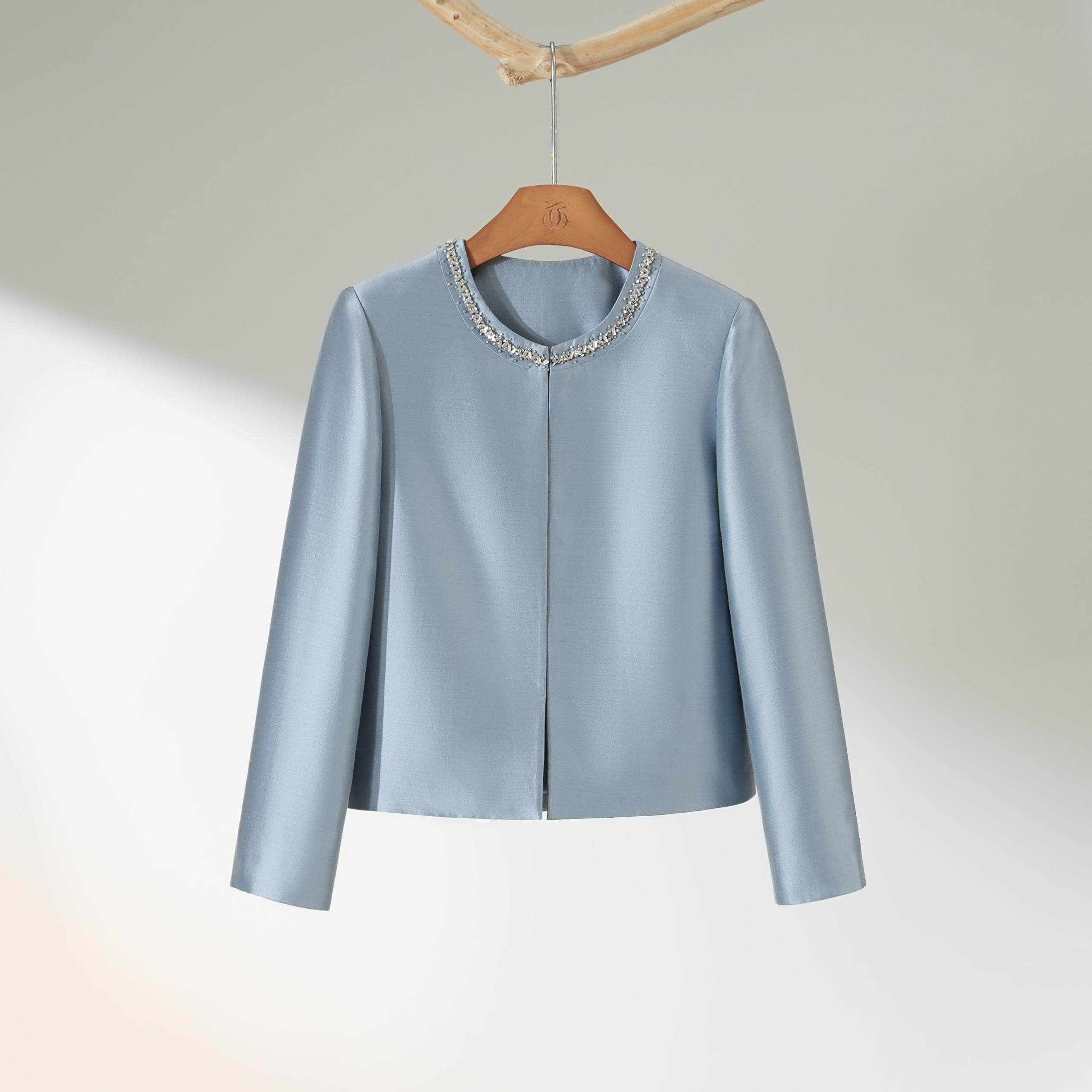 西子/【奥斯卡之夜】丝毛高级重工钉珠圆领灰蓝色外套女/WTTJ115