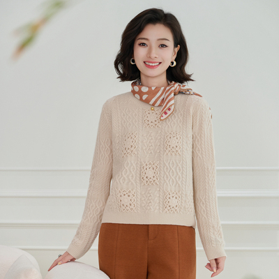 100%精纺羊毛澳毛立体绞花毛衣女