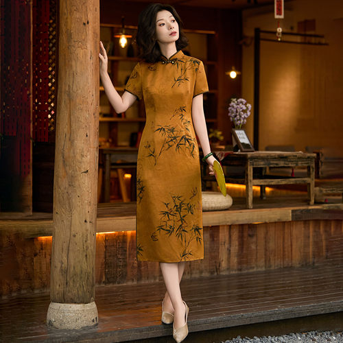 桑蚕丝非遗香云纱红云纱旗袍女士