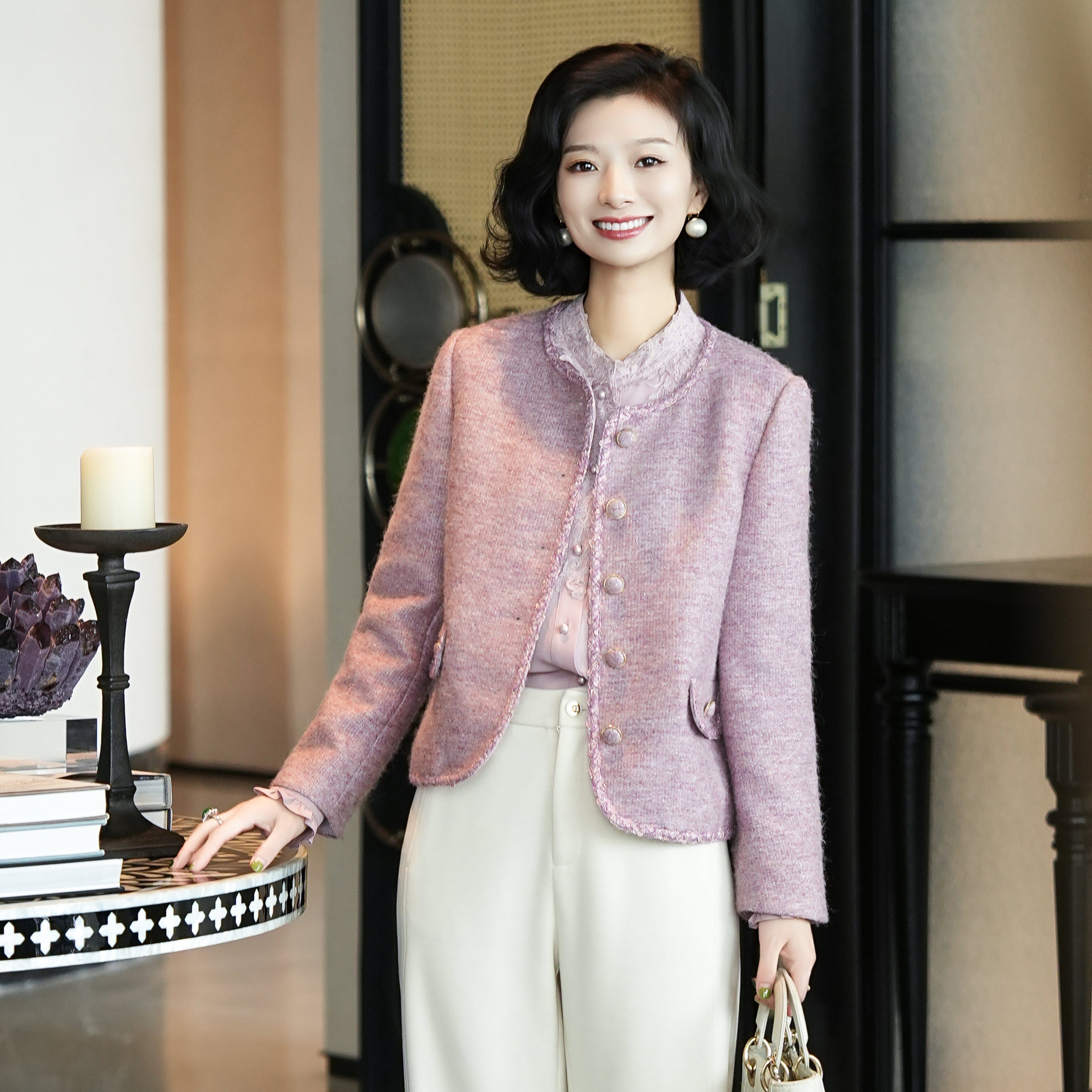 西子/【落日】高级小香风显瘦通勤粗花呢粉紫色外套女士/WTTJ385