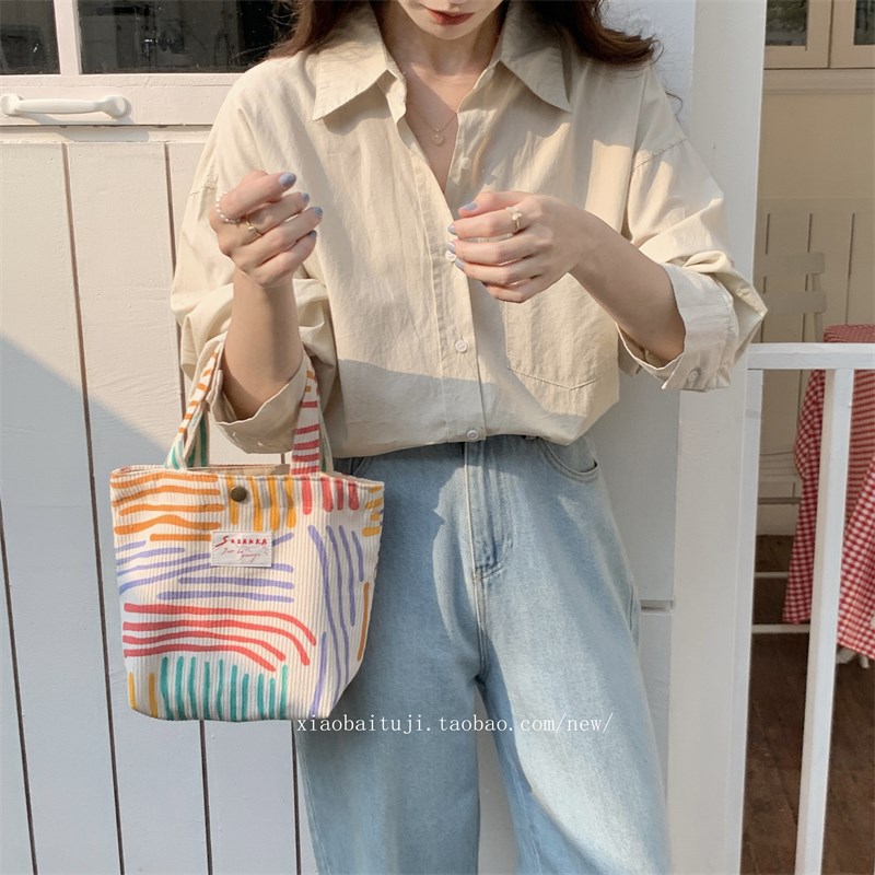 2025新款日韩小清新便当包彩色线条手拎帆布袋文艺学生手提包女