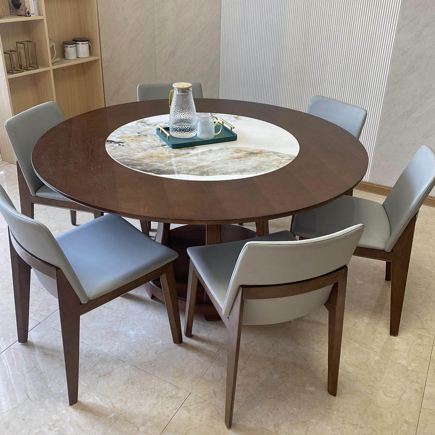 新中式全实木岩板餐桌椅组合内嵌转盘带电磁炉家用大圆桌10人饭桌