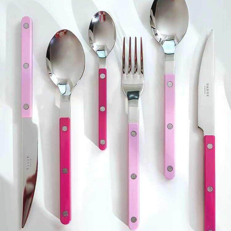Sabre paris法式高级不锈钢牛排餐具刀叉套装家用西餐勺子粉玫红