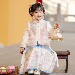 女童冬装汉服加绒加厚小女孩儿童拜年服套装中国风宝宝唐装马面裙