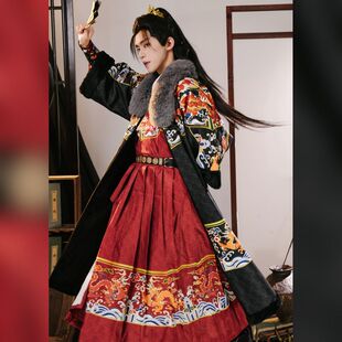 披袄可拆卸仿貉子毛领冬男女款 新款 原创汉服裘衣对襟新年战袍半袖