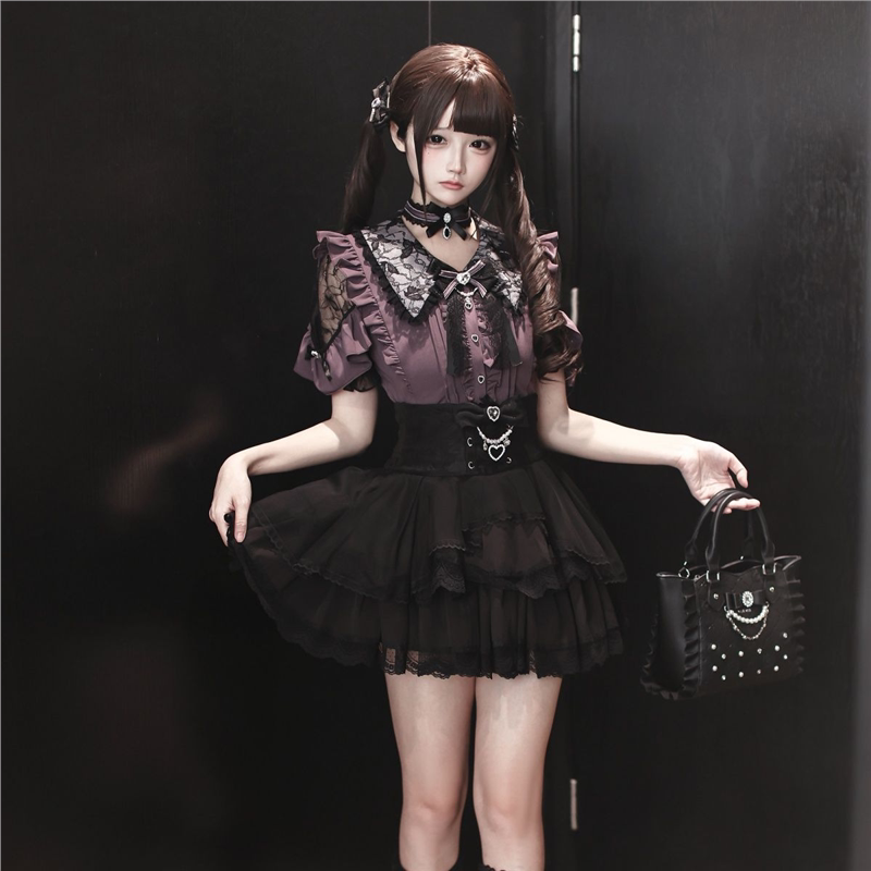 日系亚文化甜美少女蕾丝拼接短袖衬衫+高腰显瘦半裙套装