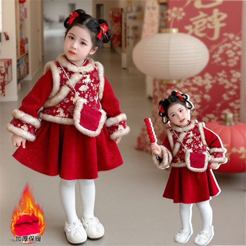 汉服女童马年拜年服冬季2026新款儿童裙子两件套宝宝过年喜庆衣服