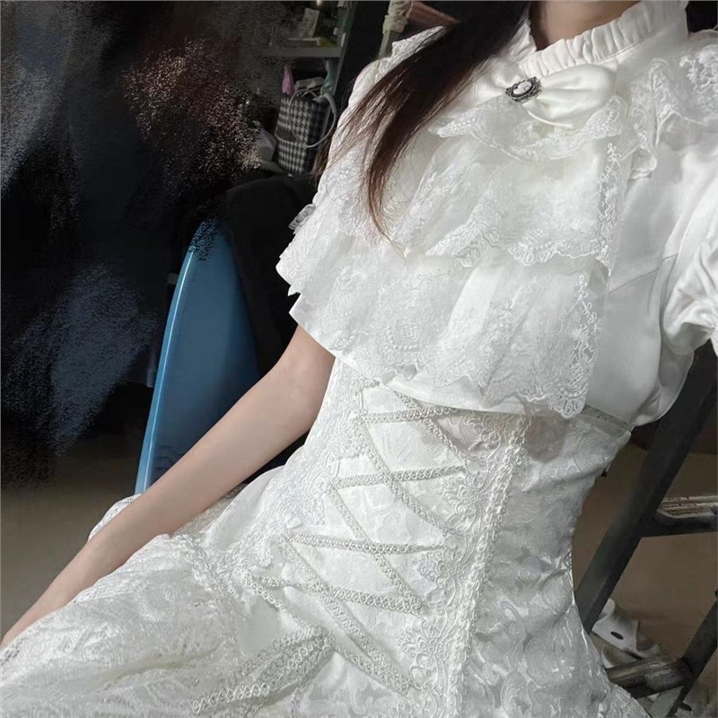茧·系列 Lolita可爱纯色衬衫/口水巾/短款SK半裙蕾丝短袖套装图片