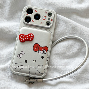 可爱卡通银色皮质HelloKitty适用苹果17promax手机壳iPhone16Pro新款15带挂绳14pro防摔小众17创意17Pro全包