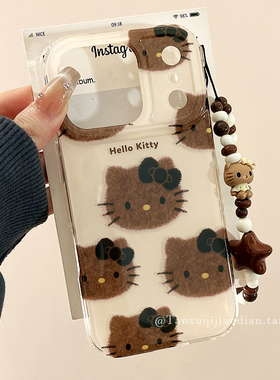 可爱卡通黑皮HelloKitty适用苹果17promax手机壳iPhone16Pro新款15带链条14pro防摔15Pro小众13创意17Pro全包