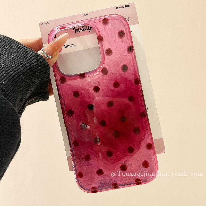 ins韩系简约莓粉波点适用苹果16promax手机壳高级感iphone15新款13小众16p硅胶14pro女16锡纸纹15pro双层全包