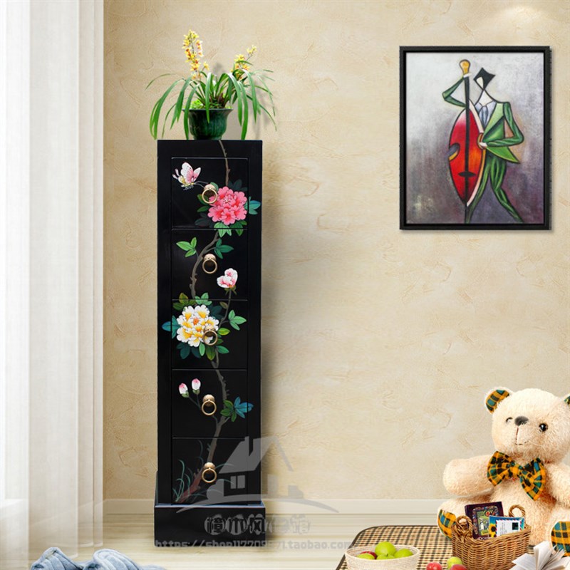 中式彩绘实木斗柜床头储物柜卧室窄柜香樟木收纳小柜子客厅小家具