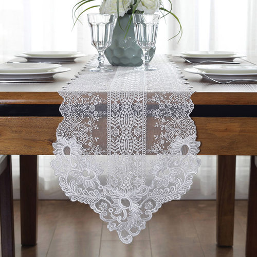 泰绣韩式蕾丝餐桌桌旗欧式唯美简约布艺电视柜白色茶几桌旗