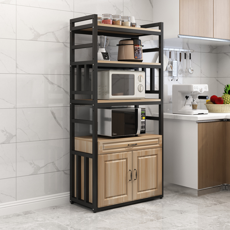 厨房置物架落地式微波炉架子家用收纳架带柜门抽屉调料多层储物柜