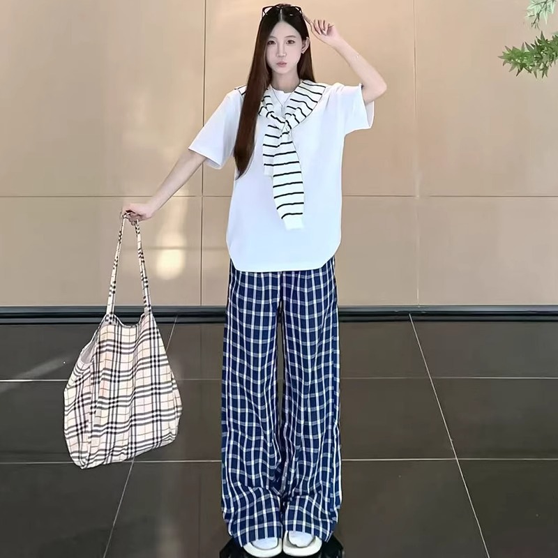 露思同款复古格子裤子女2025夏季新款慵懒风高腰宽松拖地休闲