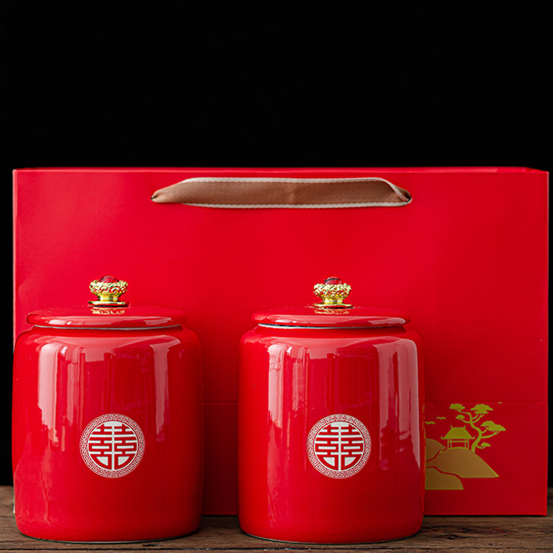结婚喜糖罐一对新婚女方陪嫁用品大全红色茶叶罐枣罐陶瓷中式婚庆