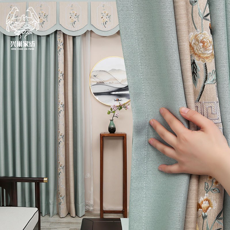 新中式窗帘加厚遮光棉麻绣花高档大气复古刺绣客厅卧室书房定制