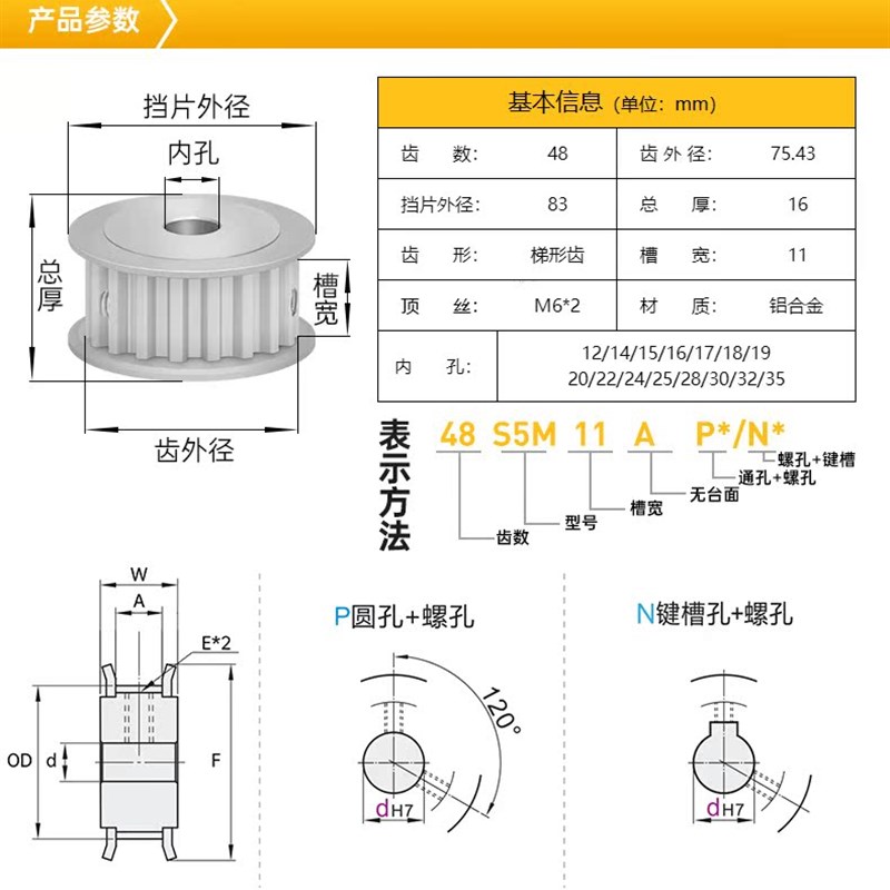 S5M48齿两面平无台48S5M同步轮槽宽22/27皮带轮同步带轮
