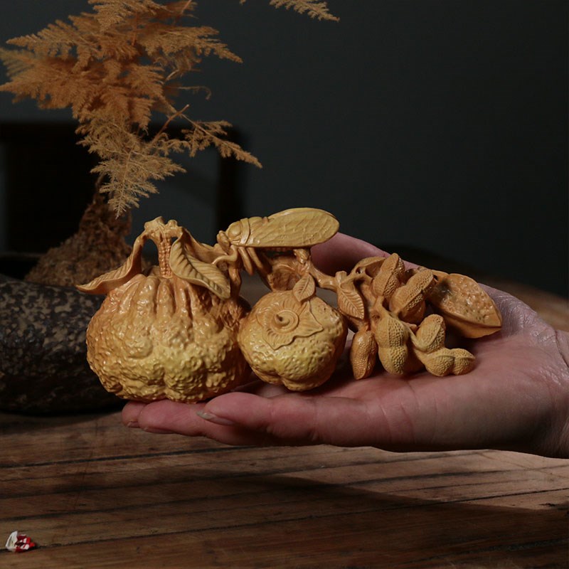 小叶黄杨木雕刻植物橘子花生硕果累累吉祥丰收新中式家居装饰摆件