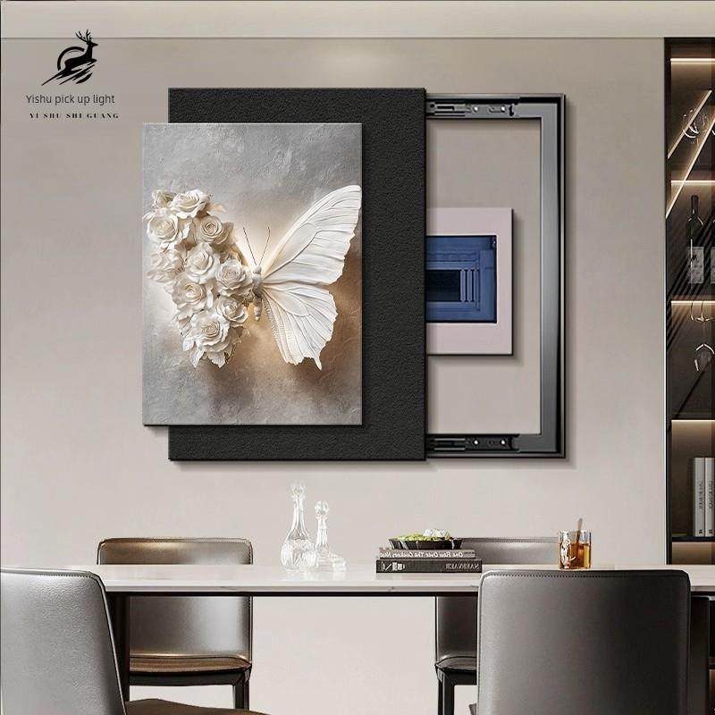 高档黑白蝴蝶砂岩仪表箱装饰画垂直挡挡弱电箱盖板开关箱挂画