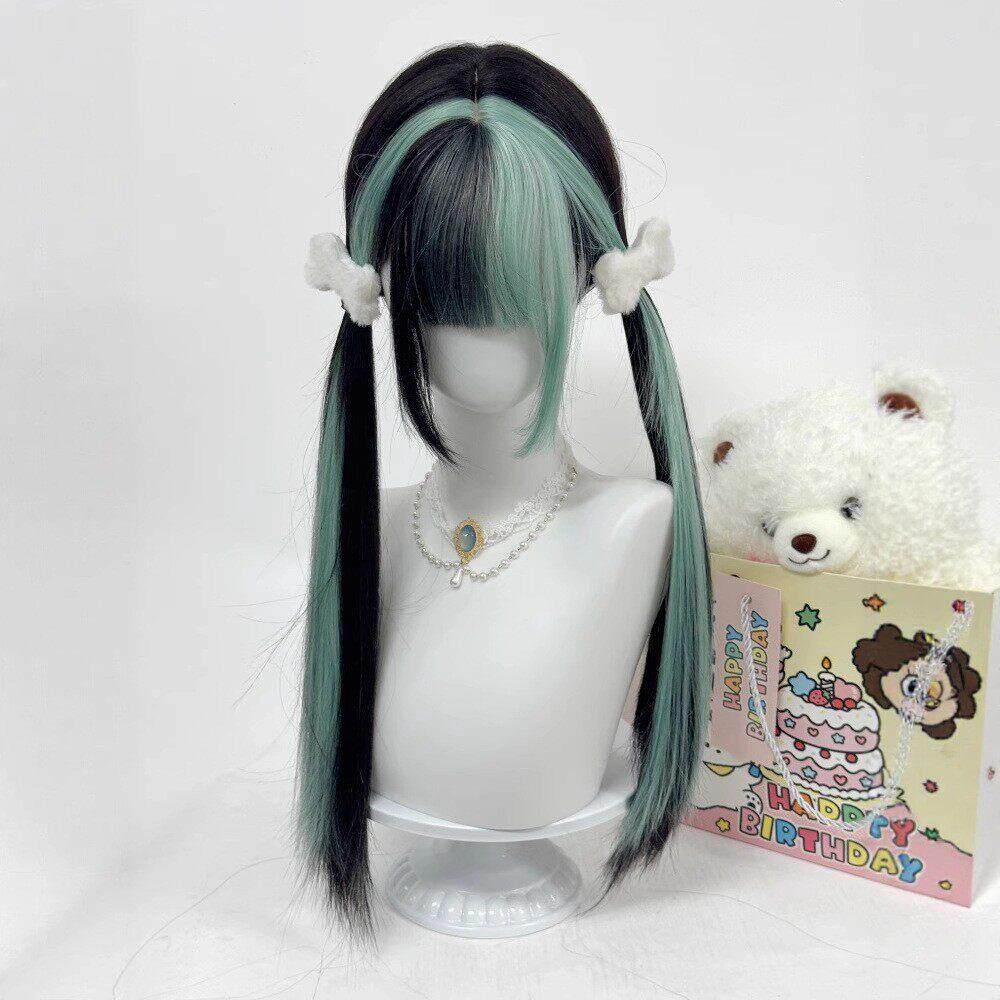 纤韵佳人假发女薄荷脆巧lolita少女耶诞节黑挑染薄荷绿长直全头套