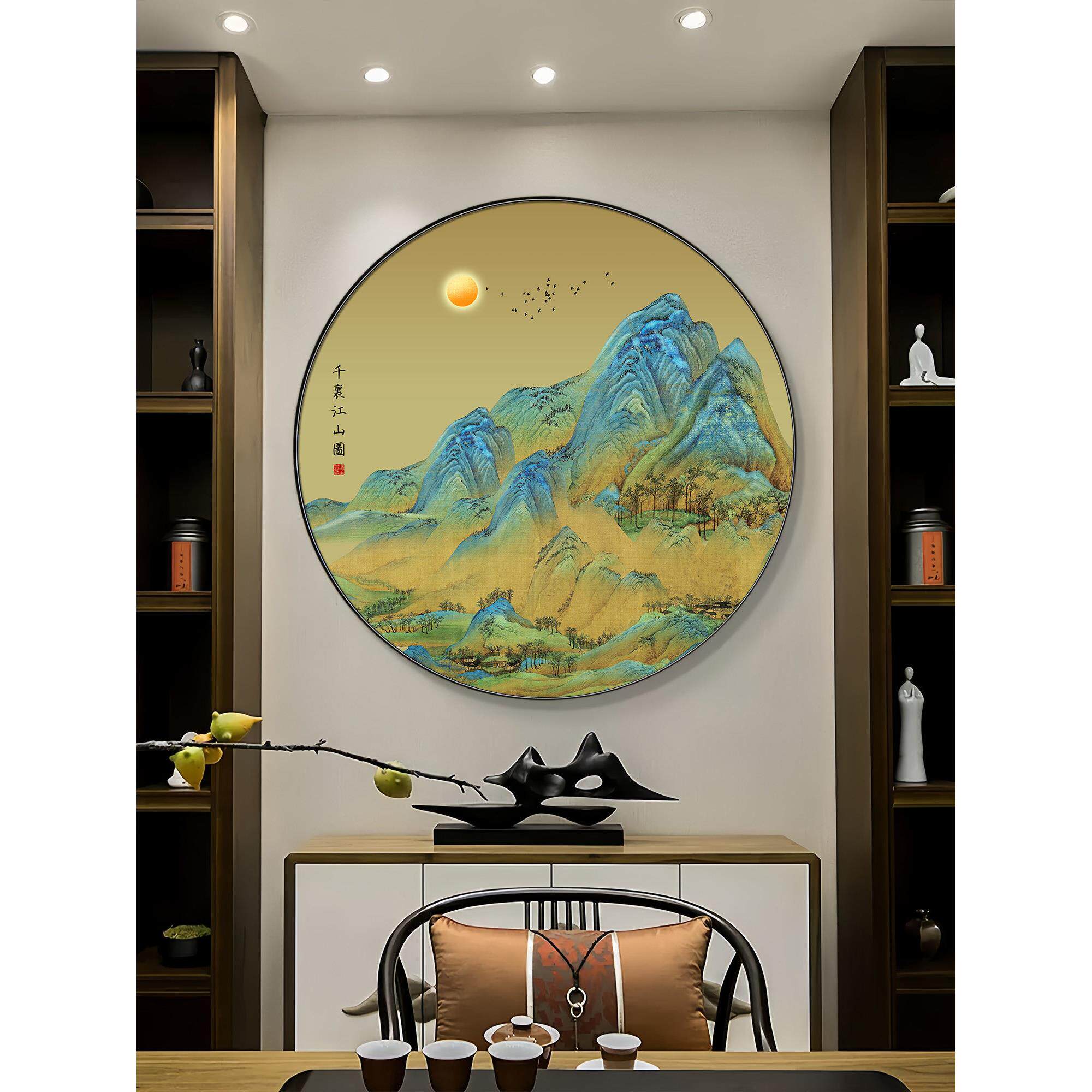 千里江山图玄关装饰画圆形带灯发光高档入户山水画餐厅走廊挂画
