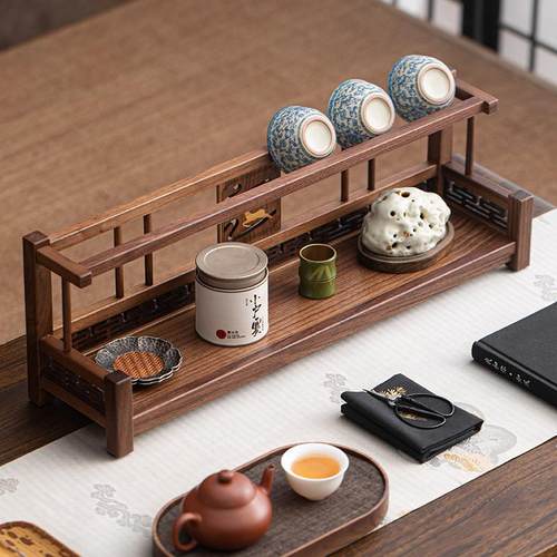黑胡桃木双层茶杯架子茶台桌面小型博古架茶具收纳文玩摆放置物架