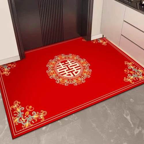 喜字结婚喜庆硅藻泥入户门地垫婚房门口进门家用脚垫入户红色地毯