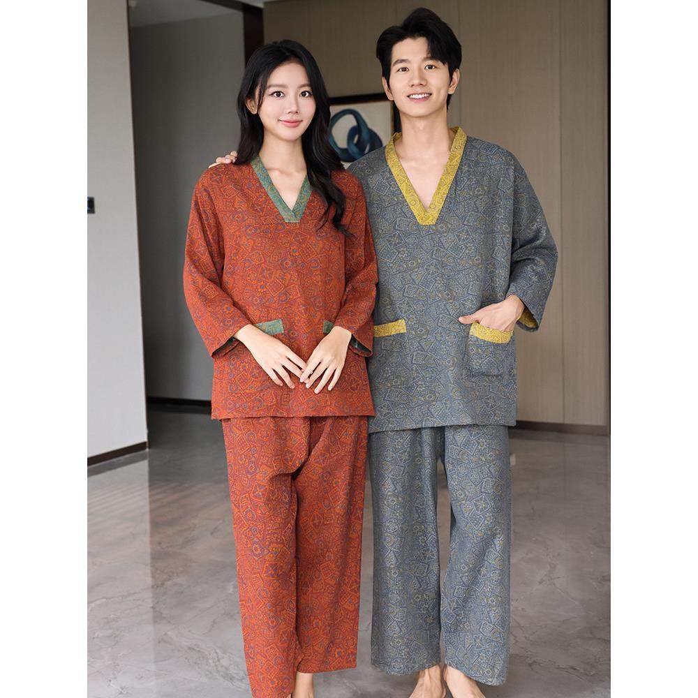 芈竹 纯棉长款家居睡衣女款软棉汗蒸服情侣款大码男款浴衣桑拿服