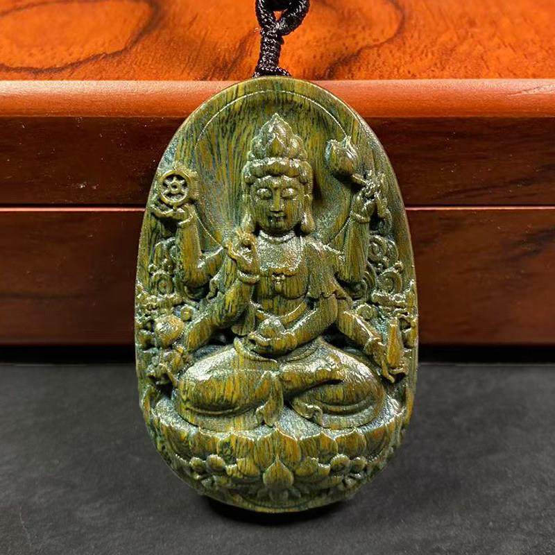 绿檀木雕刻生肖守护神千手观音文殊普贤菩萨挂件实木吊坠平安木牌