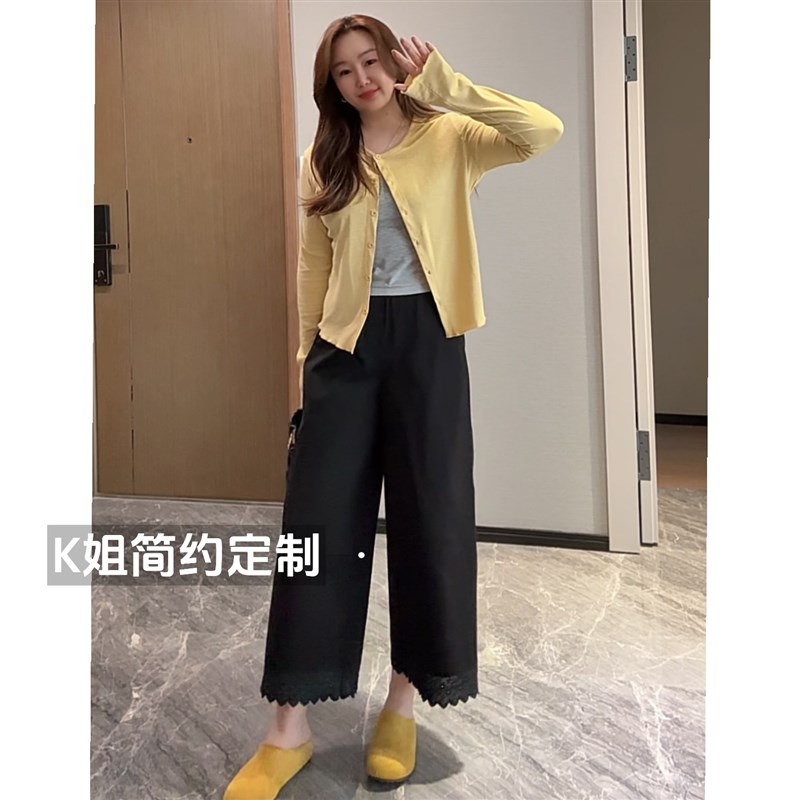 KK定制2025新款蕾丝花边裤子白色阔腿裤女夏季宽松显瘦九分休闲裤