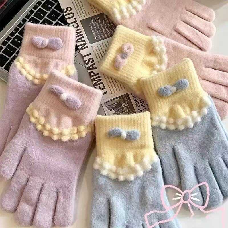 可爱蝴蝶结针织毛绒分指手套女