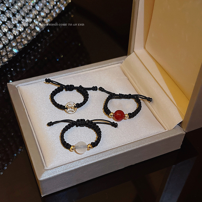 国潮相思红豆仿玉髓气质编绳戒指猫眼石铜钱戒闺蜜食指戒指环尾戒