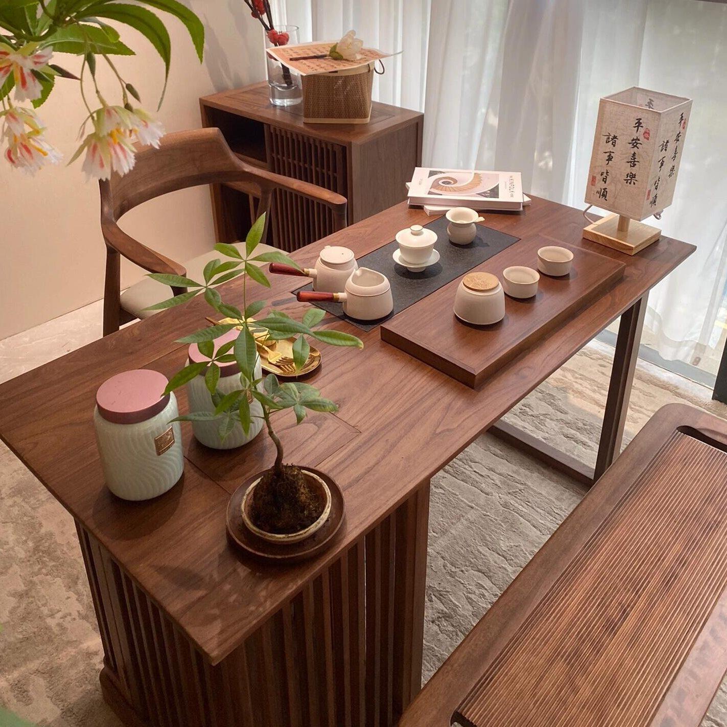 新中式实木茶桌椅组合现代小户型茶几黑胡桃木家用阳台功夫泡茶台