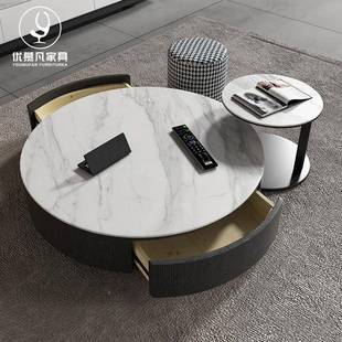意式圆客形岩板高矮极茶几电视柜轻户奢简现代KKM厅边几小型组合