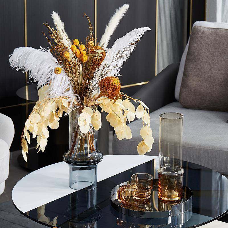 现代轻HOM花家奢灰风烟色竹节形瓶用房间客厅电视柜透明玻璃花器