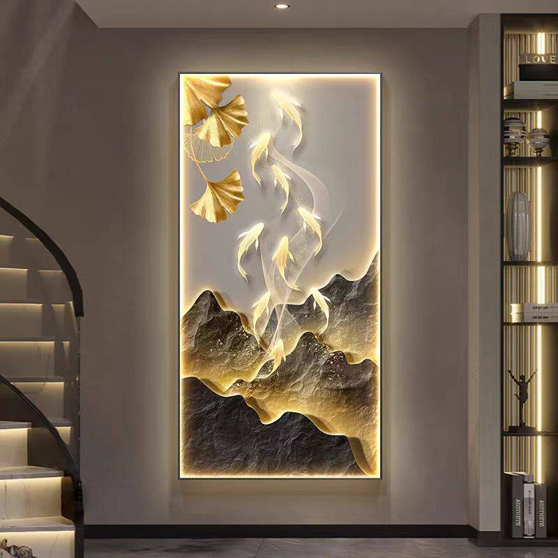 九鱼图玄关装饰画新中式高端走廊过道壁画灯画入户正对门客厅挂画图片