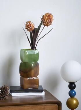 新中式璃琉VXY璃方口花瓶小设计感养鲜众花几何绿色玻花器摆水件