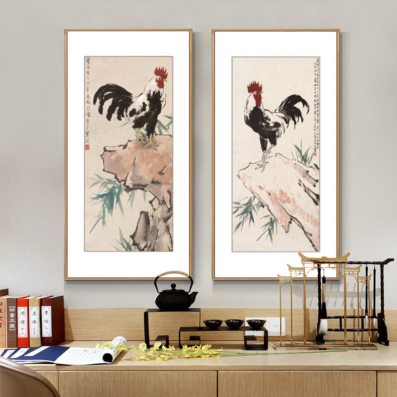 徐悲鸿雄鸡图国画中式玄关装饰画竖版现代水墨客厅走廊过道壁挂画图片