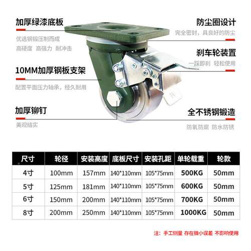 FLU寸重万向轮型4寸全铁锻钢定向设备轮子8寸承超载重1吨56工业脚