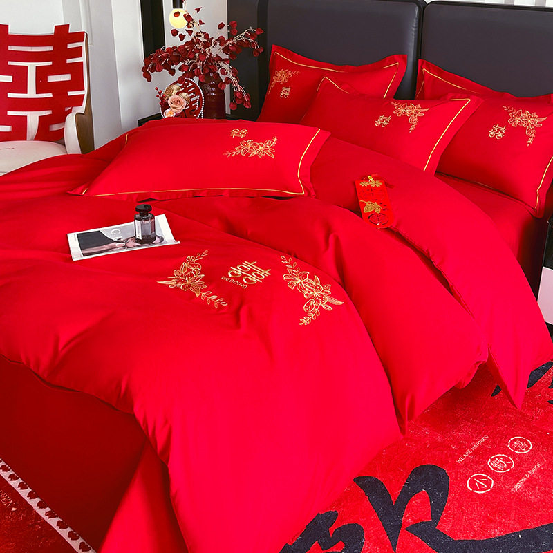简约结婚单件被套大红色双人被罩婚庆四件套喜庆新婚被单女方陪嫁