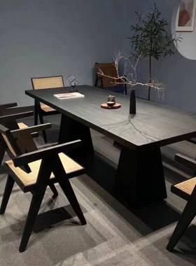 新中黑色实白木MWL餐桌现式代蜡木公桌原木办大板长方形工作台