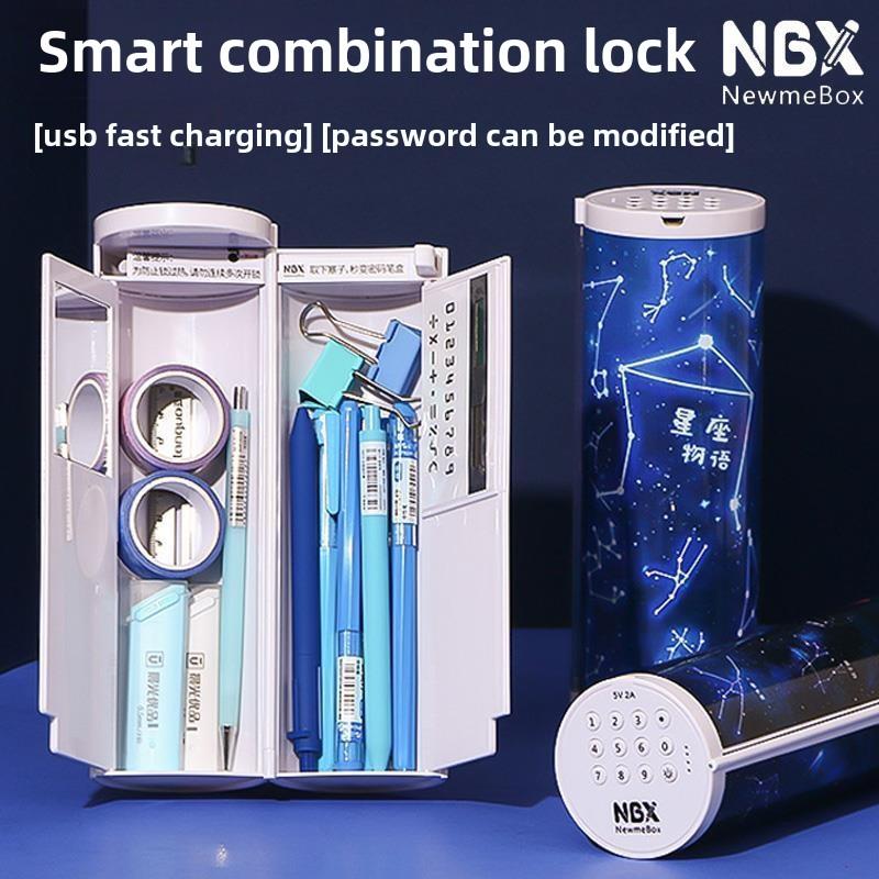 Nbx抖音网红流沙文具盒指纹带密码锁高科技文具盒男创意多功能大
