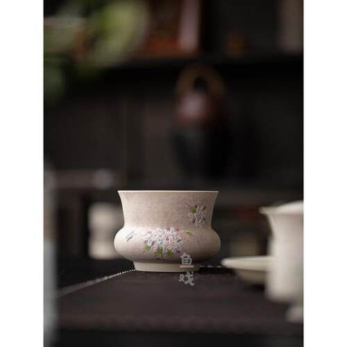 鱼戏手绘绣球花堆雕陶瓷建水洗水茶渣缸茶废水桶茶洗花瓶插花器