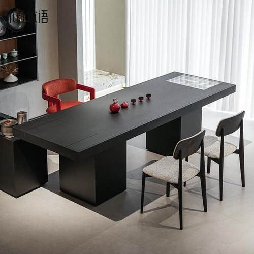 新中式极简茶桌实木现代简约黑色侘寂风白蜡木高端办公茶室茶台几